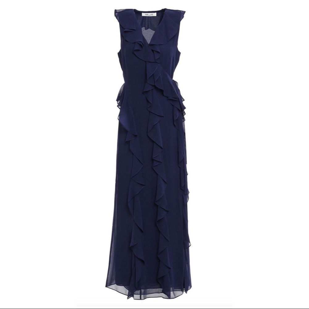 DVF Navy Ruffled Georgette Maxi Wrap Dress. Size S